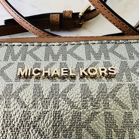 MICHAEL KORS Jet Set Item Silver Brown Leather Zip Chain East West Crossbody Bag - Picture 3 of 10